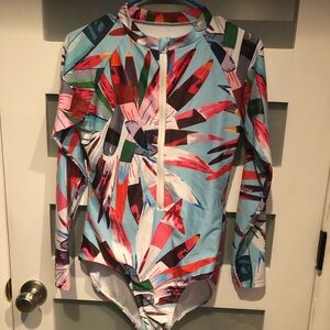 Tropical Floral Zip Up Body Suit Rash Guard Polyester Spandex Large